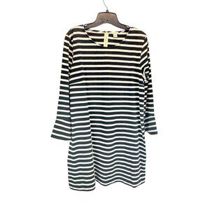 J Crew Women's Striped Knit Shift Dress Black White 3/4 Sleeve Pullover Size L